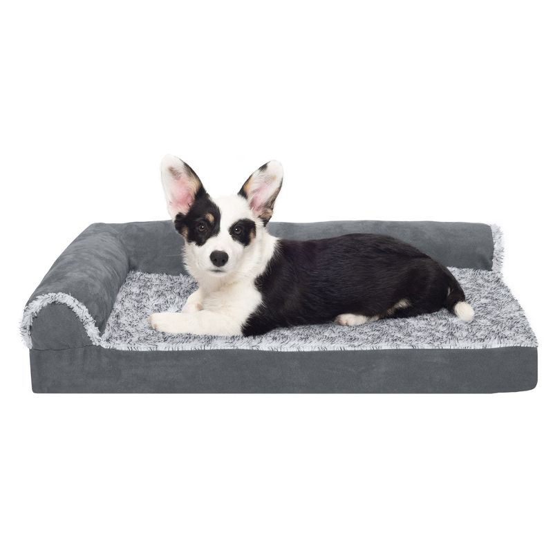 FurHaven Two-Tone Faux Fur & Suede Deluxe Chaise Lounge Orthopedic Sofa Dog Bed, 1 of 4