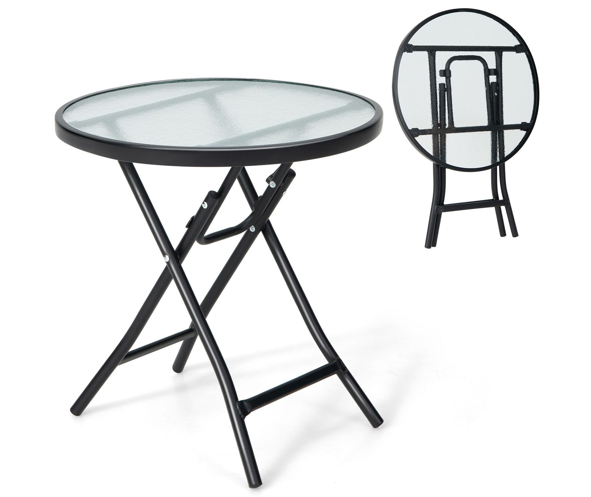 18" Round Outdoor Bistro Table Folding Side Table with Tempered Glass Tabletop Rustproof Frame Black