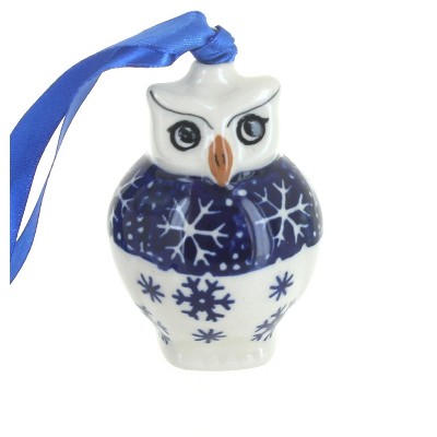 Blue Rose Polish Pottery Snow Flurry Owl Ornament