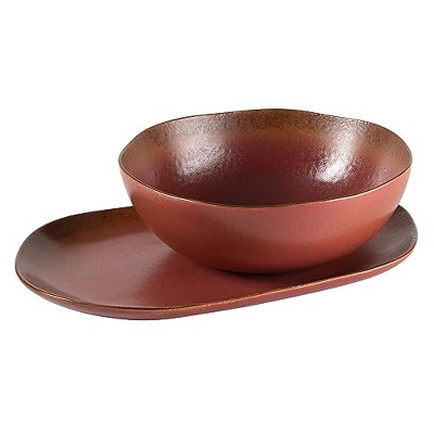 Bloomhouse Palermo Sun 2 Piece Serving Bowl and Oval Platter Stoneware Reactive Glaze Serveware Set - Paprika Red