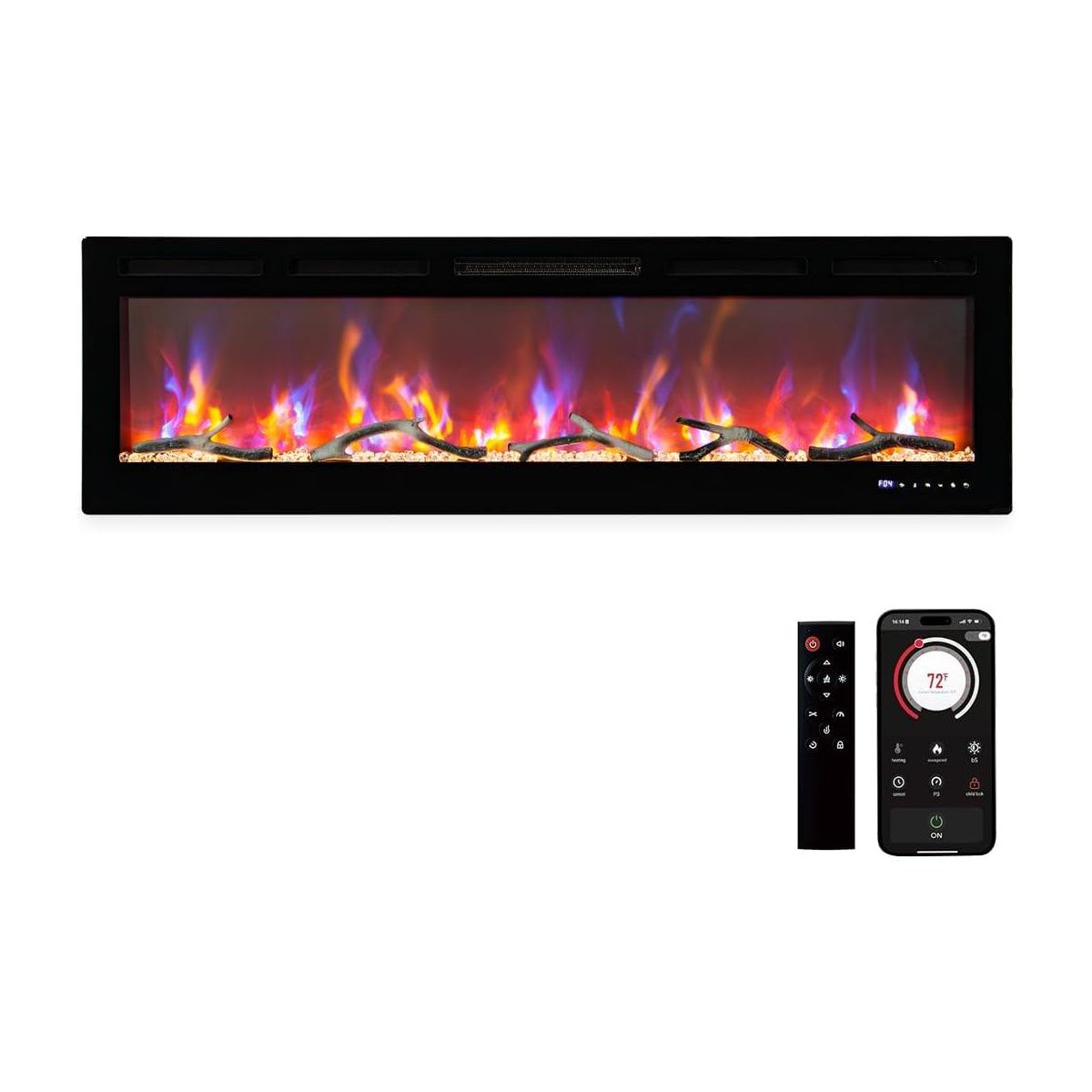 90 Inch Recessed & Wall‑Mounted Electric Fireplace Heater, Multicolor Adjustable Flame, WiFi & Remote Control, 750‑1500W Low Noise