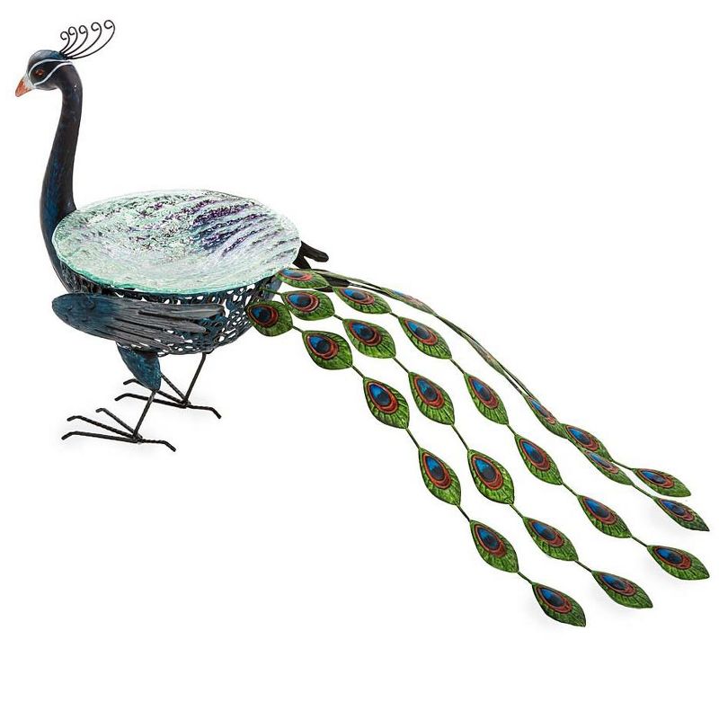 Wind & Weather Vibrant Metal Peacock Birdbath with Glass Bowl, 3 of 10
