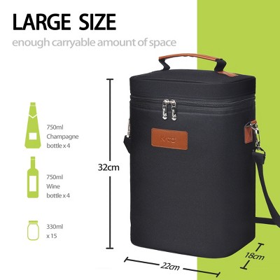Black Insulated 4-Bottle Wine Carrier Tote with Leather Handle
