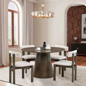 5 PCS Wooden Dining Table Set Dining Set with 4 Boucle Upholstered Dining Chairs&Rubber Wood Round Kitchen Table, Brown/Walnut -ModernLuxe - 1 of 4