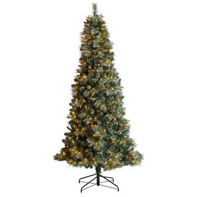 Nearly Natural 8-ft Frosted Tip British Columbia Mountain Pine Artificial Christmas Tree with 500 Clear Lights, Pine Cones and 1112 Bendable Branches