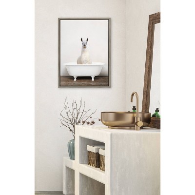 Whimsical Alpaca in Bathtub Canvas Print with Gray Frame