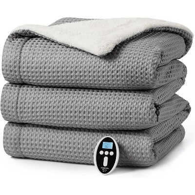 Waffle Heated Throw Blanket, Machine Washable Electric Blankets Fast Heating with LCD Controller, 6 Heat Levels & 1-4H Time Settings, Grey, 84"x90"