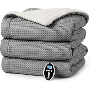 Waffle Heated Throw Blanket, Machine Washable Electric Blankets Fast Heating with LCD Controller, 6 Heat Levels & 1-4H Time Settings, Grey, 90"x100" - 1 of 4