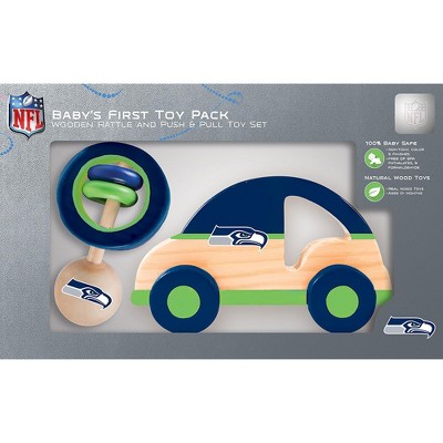 BabyFanatic Wood Rattle And Push & Pull Toy Pack - NFL Seattle Seahawks - Officially Licensed Baby And Toddler Toy Set