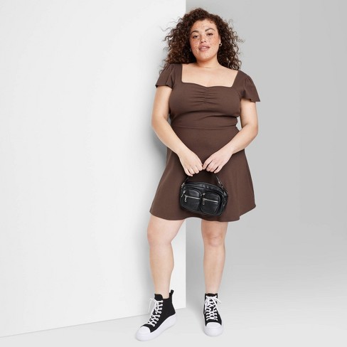 Women's Cap Short Sleeve Fit & Flare Knit Skater Dress - Wild Fable™ Dark  Brown 4X