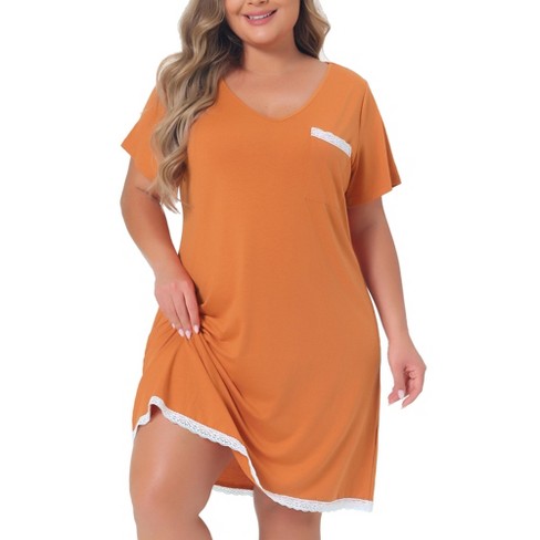 Agnes Orinda Women's Plus Size Lace Trim V Neck Short Sleeve Chest Pocket Nightgown - image 1 of 4