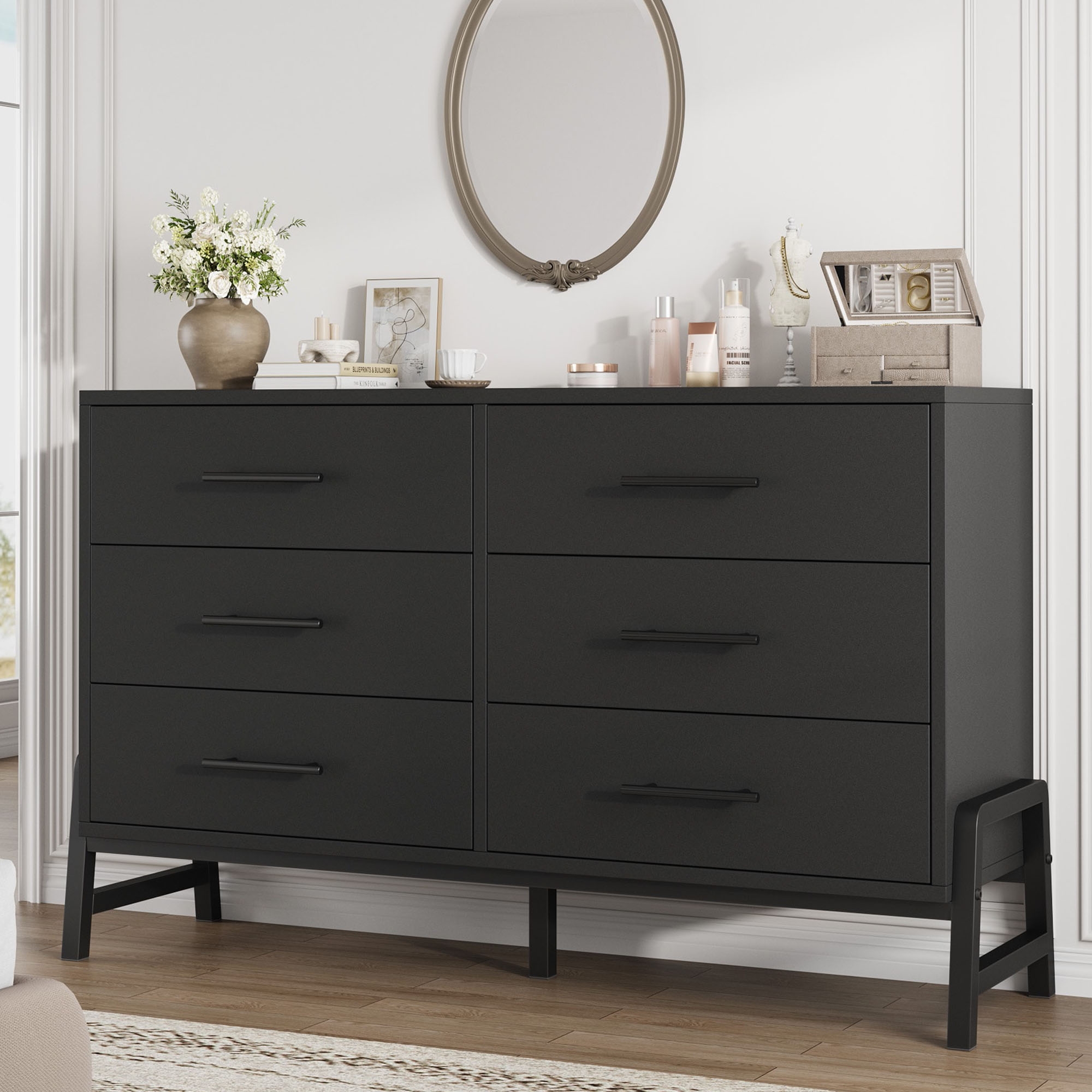 Garvee 6 Dresser for Bedroom, 52" Wide Drawer with Large Storage Space, Freestanding Wooden Closet Storage Dresser Chest for Bedroom, Black
