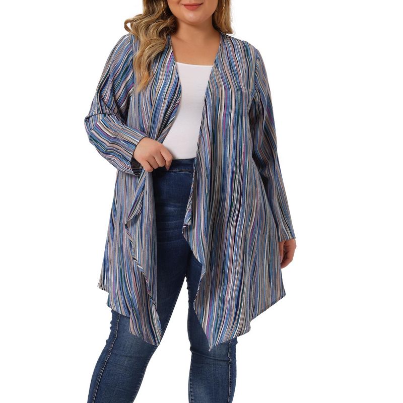 Agnes Orinda Women's Plus Size Boho Striped Draped Contrast Color Flowy Cover Up Cardigans, 1 of 6
