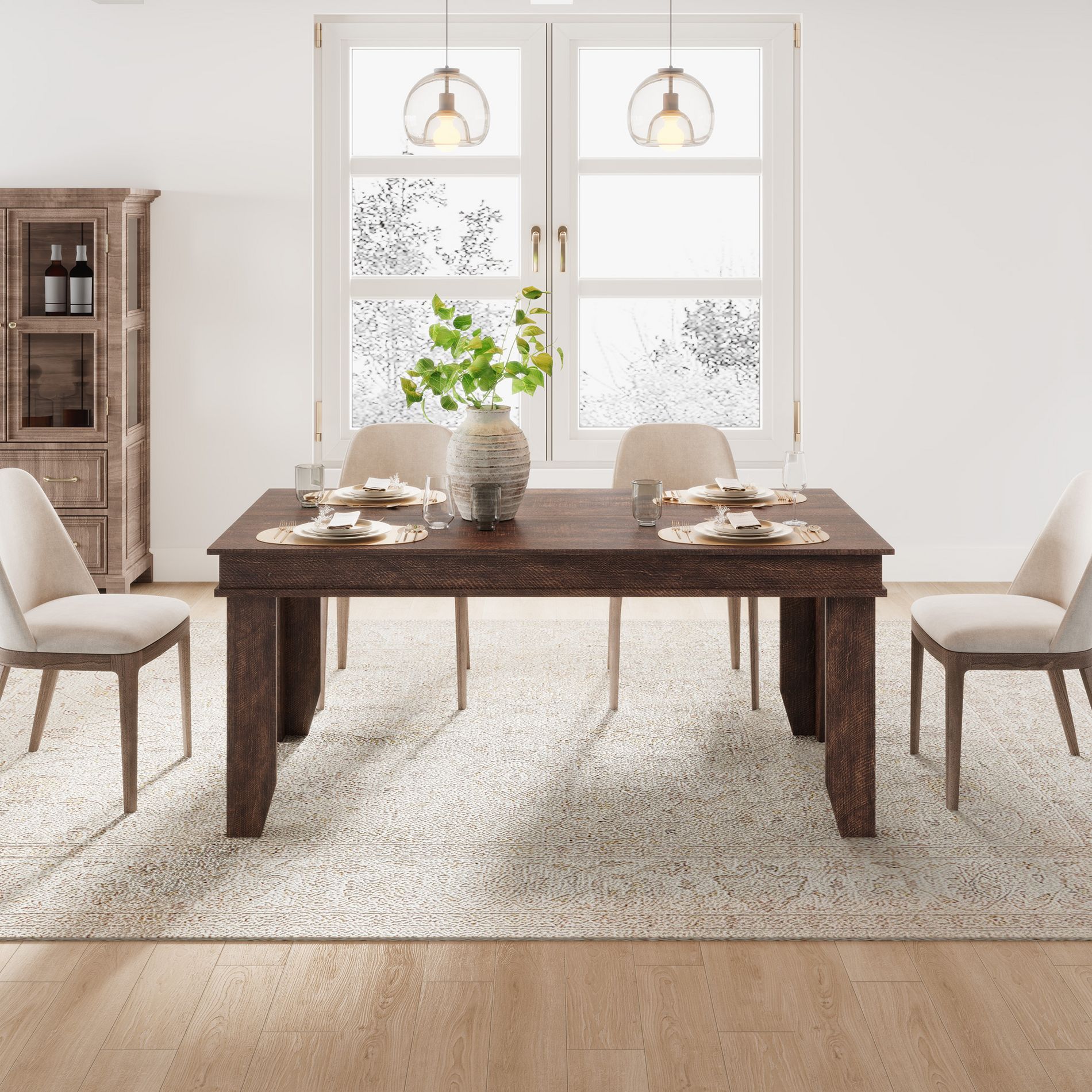 Farmhouse Dining Table for 4-6 People, 63 in Long Kitchen Tables, 5 ft Large Rectangular Dinner Table for Dining Room, Kitchen, Brown