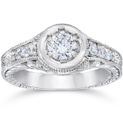Pompeii3 Vintage Diamond Engagement Ring 5/8ct 14K White Gold Hand Engraved Style