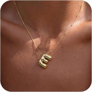 Bubble Gold Letter Necklace, 14k Gold Plated Balloon Initial Pendant, Dainty Chunky Custom Name Necklace for Women - 1 of 4