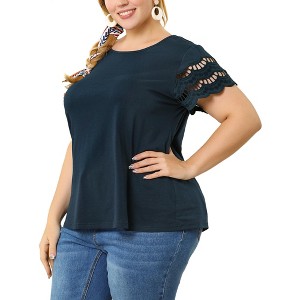 Agnes Orinda Women's Plus Size Round Neck Hollow Lace Panel Short Sleeve Casual Summer Blouses - 1 of 4