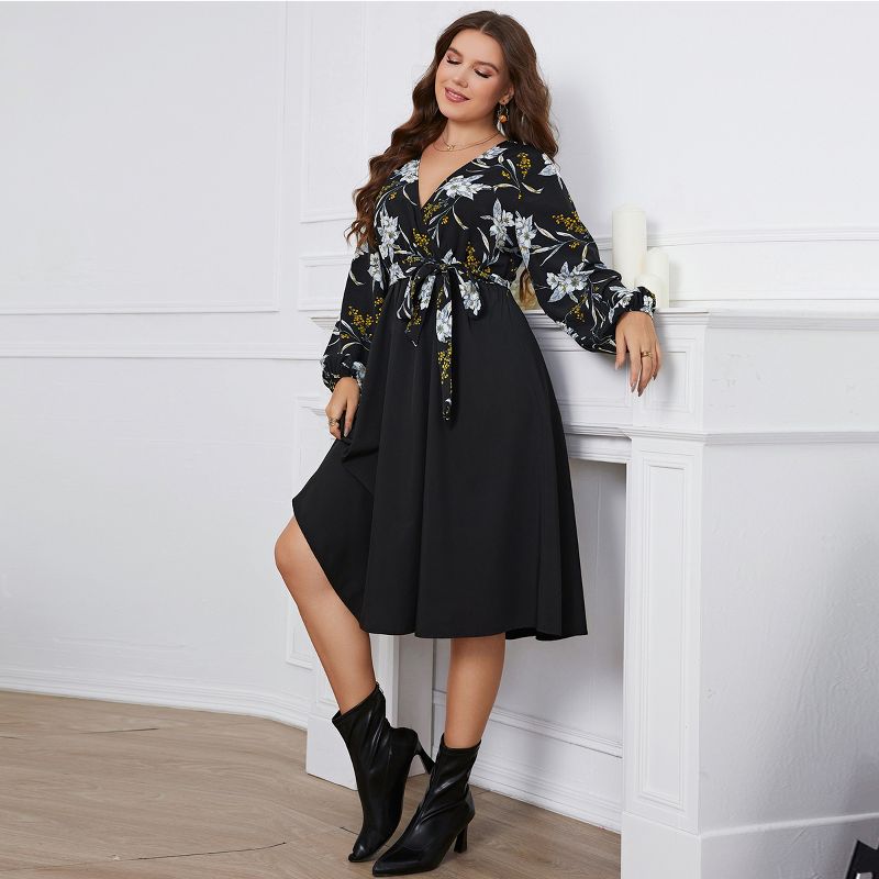 Women's Plus Size Black Floral Long Sleeve Midi Dress - Cupshe, 5 of 7