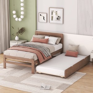 FURNIinspire Beds Wooden Twin Size Platform Bed Frame with Trundle, Slats Support Guest Bed, Bedroom Furniture, Brown, 76"*41.7"*35.4" - 1 of 4