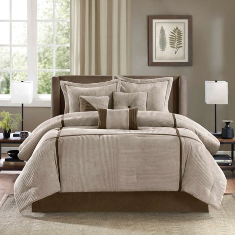 Madison Park 7Pcs Micro Corduroy Textile Comforter Set, Premium Touch Luxury Design Bedding Set with Matching Bedskirt and Pillows, Taupe, Queen