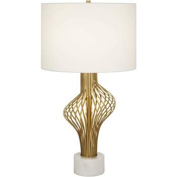Possini Euro Design Cyclone 30" Tall Large Modern Glam Luxury End Table Lamp Gold Finish Metal Marble Single White Shade Living Room Bedroom Bedside
