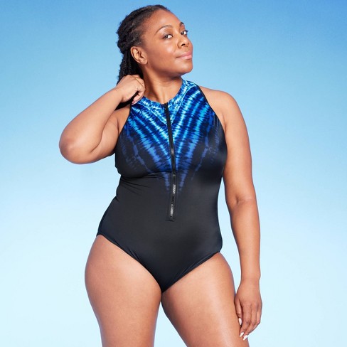 Women's Upf 50 High Neck Zip-front One Piece Swimsuit - Aqua Green® Navy  Blue Xl : Target