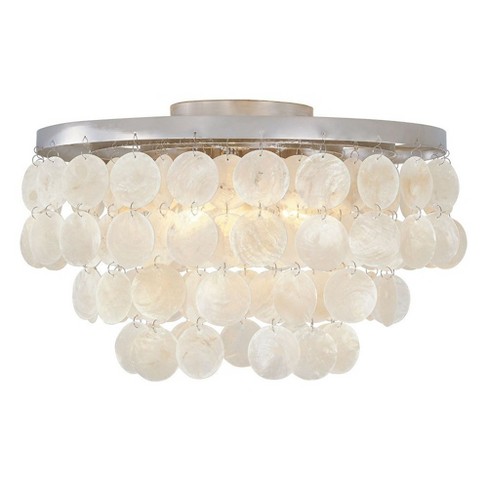 Elsa 16 Inch 3 Light Capiz Shell Flush Mount In Satin Nickel With