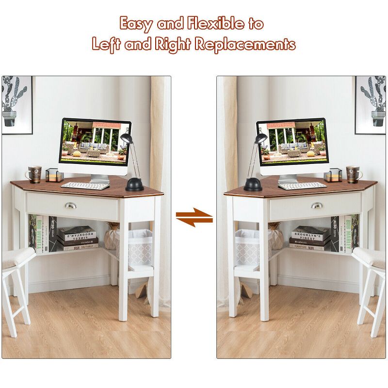 Costway Triangle Computer Desk Corner Office Desk Laptop Table w/ Drawer Shelves Rustic Natural &White, 5 of 9