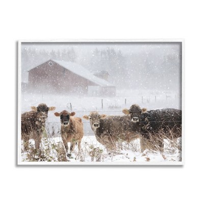Stupell Industries Winter Farm Scene Cow Cattle Snowflakes Barn Black Framed Giclee Art