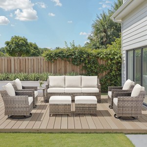 Buenhomino High Back Patio Furniture Set with Thick Cushion, 8-Piece Outdoor Conversation Set with Sofa, Swivel Rocker Chairs, Glass Table & Ottomans - 1 of 4