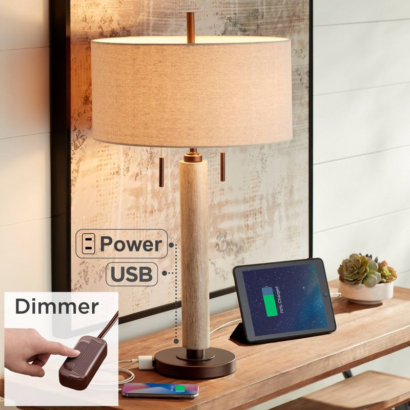 Franklin Iron Works Hugo Industrial Table Lamp 28 1/2" Tall Whitewashed Wood with USB Charging Port and Dimmer Oatmeal Fabric Shade for Bedroom House, 2 of 10