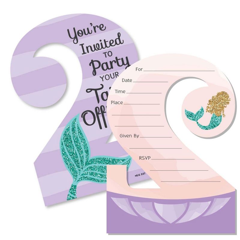 Big Dot of Happiness 2nd Birthday Let's Be Mermaids - Shaped Fill-in Invitations - Second Birthday Party Invitation Cards with Envelopes - Set of 12, 1 of 6