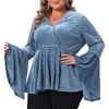 Women's Plus Size Velvet Texture Wrap V Neck Ruffle Hem Long Bell Sleeve Peplum Blouses - Agnes Orinda - 2 of 4