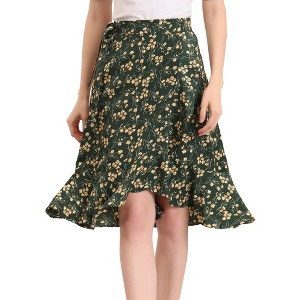 Allegra K Women's Floral Printed Self Tie Knot High-Low Ruffle Hem Wrap Skirt - 1 of 4