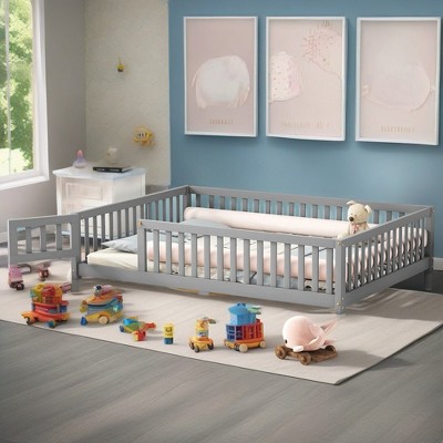 ROOMTEC  Montessori Floor Bed with Door & Safety Fence, Wood-Kids Floor Beds Frame, Solid Wooden Kid Toddler Bedframe, Floor-Bed-Frame for Bedroom