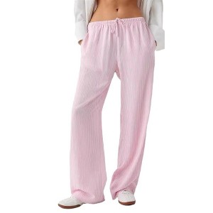 Coolmee Womens Striped Gingham Pants Cute Straight Wide Leg Lounge Casual Drawstring Trousers with Pockets - 1 of 4