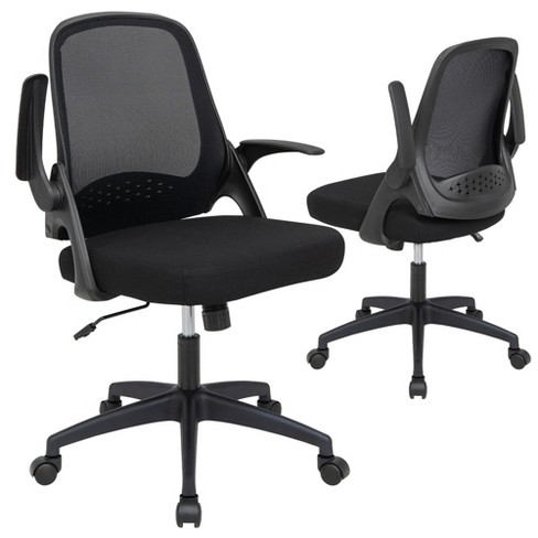 Costway Mesh Back Adjustable Swivel Office Chair w/ Flip Up Arms Leather Seat Black