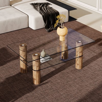 CAVINAS Coffee Tables for Living Room Modern Double-layer Transparent Tempered Glass Coffee Table with Wooden MDF Decorative Columns
