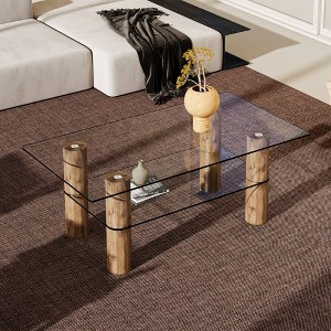 CAVINAS Coffee Tables for Living Room Modern Double-layer Transparent Tempered Glass Coffee Table with Wooden MDF Decorative Columns - 1 of 4