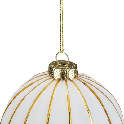 4" White and Gold Striped Glass Christmas Ornament