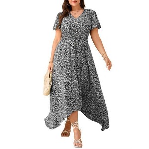 Coolmee Women's Plus Size Summer Floral Dresses Wrap V Neck Casual  Short Sleeve A-Line Midi Sundress - 1 of 4