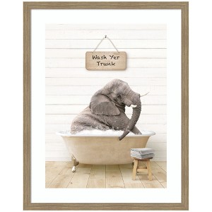 Kate and Laurel Young Elephant in Modern Bathtub  Wash Your Trunk by Amy Peterson Framed Wall Art Print, 27 x 34, Woodgrain Stripe Mocha - 1 of 4