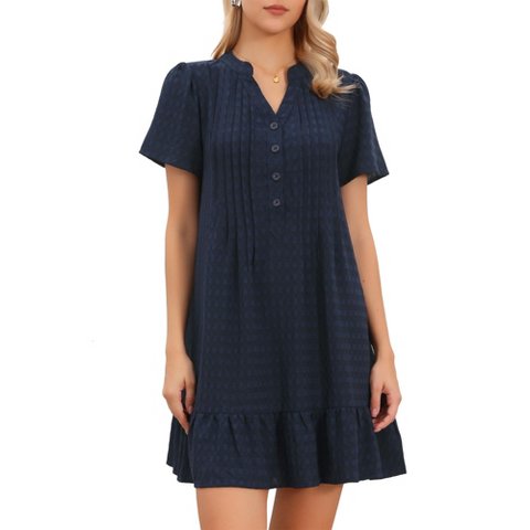 Женские платья INSPIRE CHIC Women's V Neck Short Sleeve Mini Textured Ruffle Hem Tunic Babydoll Dresses Small Navy Blue