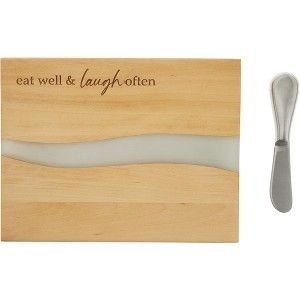 Pavilion Gift Company - Eat Well & Laugh Often - 9" x 7" Serving Wooden & Resin Board Spreader Knife Set Housewarming Charcuterie Gift - 1 of 4