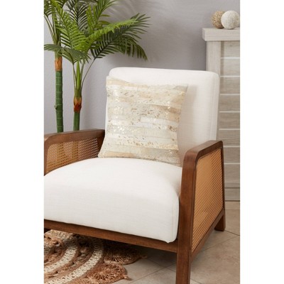 Ivory and Gold Genuine Leather Square Throw Pillow, 16"