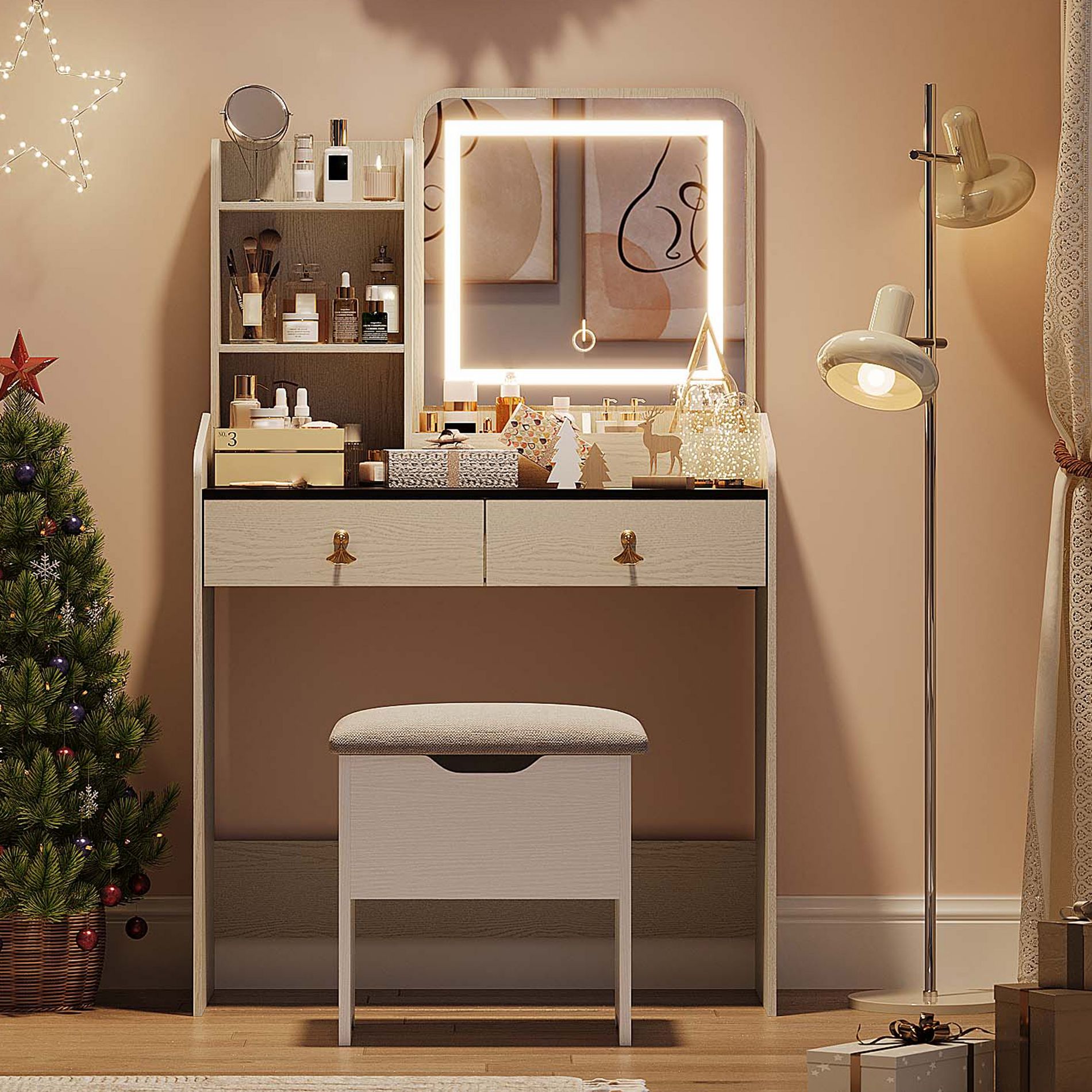 WhizMax Vanity Desk with LED Light Mirror and Charging Station, Small Makeup Vanities with Storage Stool for Girls Women, White+Black Tabletop