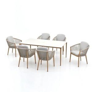 Minimalist Rectilinear Patio Group Engineered Wood Table + Architectural Frame Chairs w/ GridWeave Backrests - 1 of 4