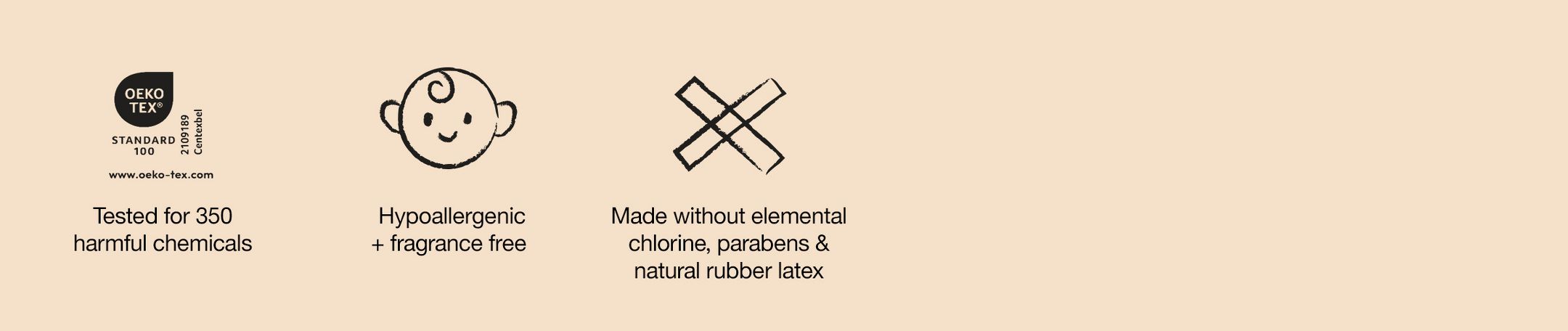 Tested for 350 harmful chemicals
Hypoallergenic + fragrance free 
Made without elemental chlorine, parabens & natural rubber latex