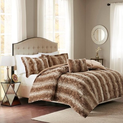 Lyngins 4-Piece Faux Fur Full/Queen Comforter Set, Ultra-Soft Bedding Set with Shams & Decorative Pillow, Oeko-Tex Certified Quilt Bedding Set