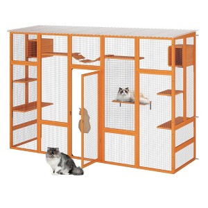 COZIWOW Outdoor Cat Enclosure, Catio Pet Safe House, 104" Extra Large Indoor Window Box with 7 Platforms, Resting Houses, and Walk-In Door, Orange - 1 of 4